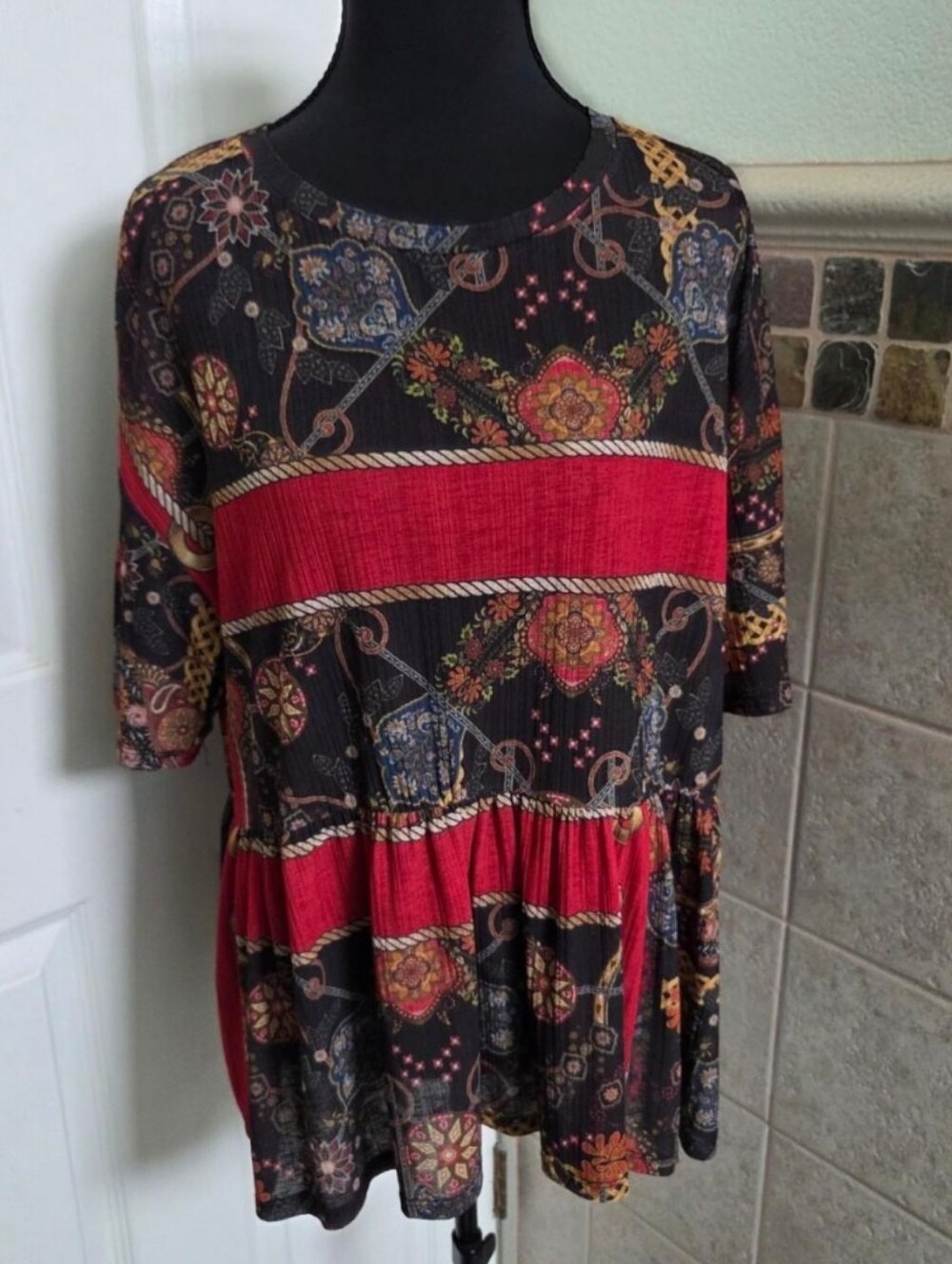 Zara Black Top with Red Stripes & Multicolor Medallion Print Festival Large